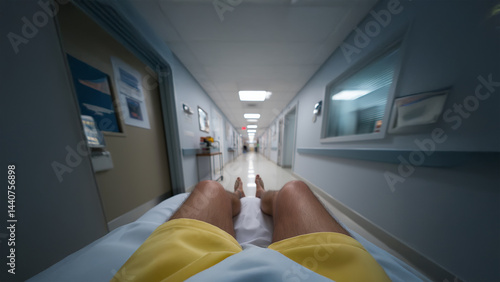 First person view of a man being wheeled down a corridor in a hospital bed.