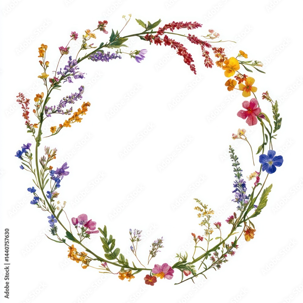 Fototapeta premium Colorful wildflowers wreath, white background, nature, floral design, invitation card