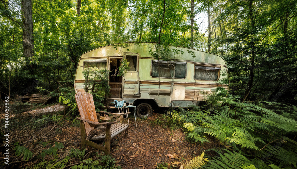 Old rundown abandoned trailer home in a forest Old rundown abandoned trailer home in a forest