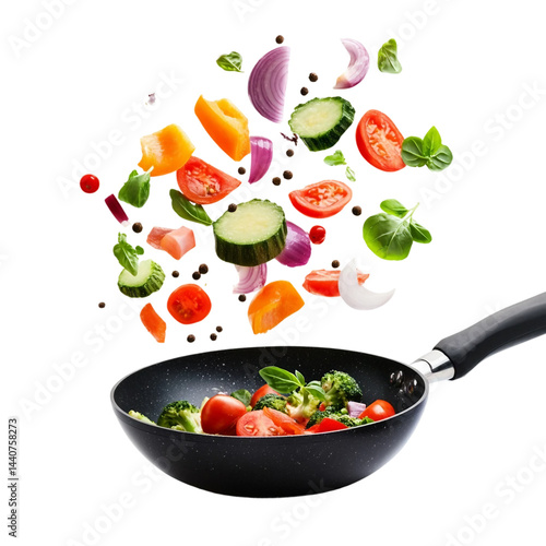  Vegetables fall into a black frying pan on a transparent background. Healthy food concept.png