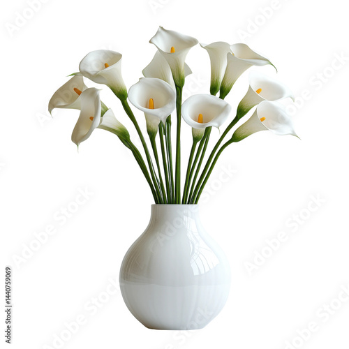 Elegant white calla lilies in modern vase home decor indoor top view