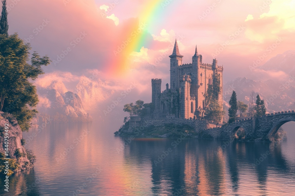 Naklejka premium Magnificent castle overlooking a serene lake with a stunning rainbow backdrop, Castle palace view with background lake, rainbow, beautiful fantasy Photo