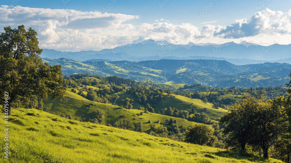Naklejka premium Lush green hills, rolling mountains, and a vibrant sky
