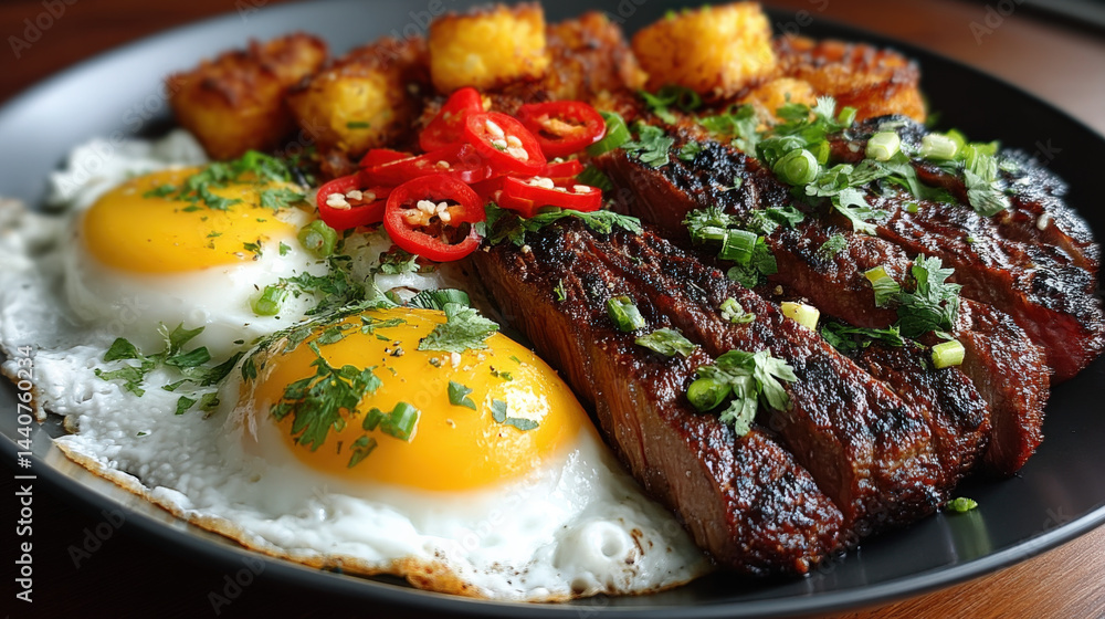 Steak and Eggs with Fried Polenta: A tantalizing close-up of a hearty breakfast featuring a juicy grilled steak, two sunny-side-up eggs, and a side of crispy fried polenta. Steak and Eggs with Fried Polenta: A tantalizing close-up of a hearty breakfast featuring a juicy grilled steak, two sunny-side-up eggs, and a side of crispy fried polenta.