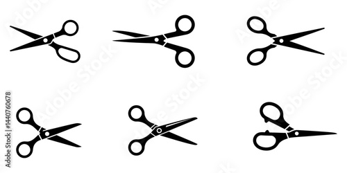 Scissors with line of cut icon set. Sewing, tailor and cutoff symbol. Dotted dash cutting line guide with scissors silhouette icon set, set of silhouette scissors isolated white background.