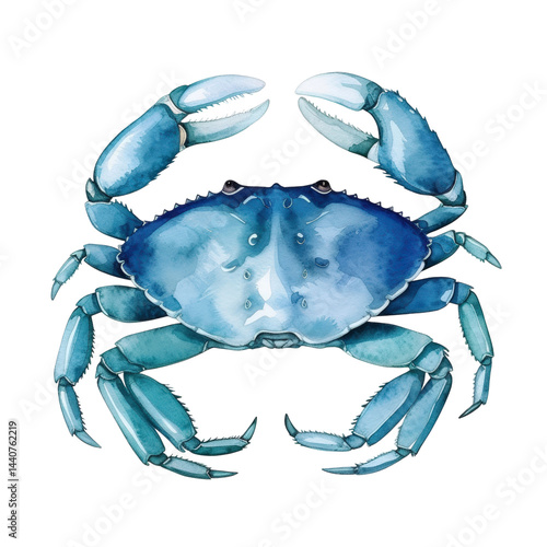 Beautiful watercolor illustration of a blue crab with intricate details showcasing vivid colors and textures, perfect for seafood or coastal themes in various designs