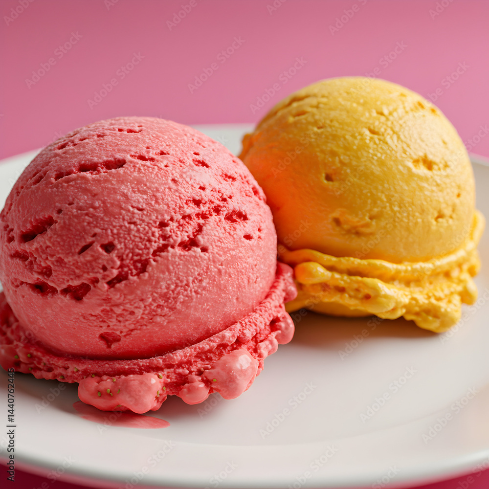 Close up of two scoops of ice cream, one pink and one yellow, sitting on a white plate against pink Close up of two scoops of ice cream, one pink and one yellow, sitting on a white plate against pink