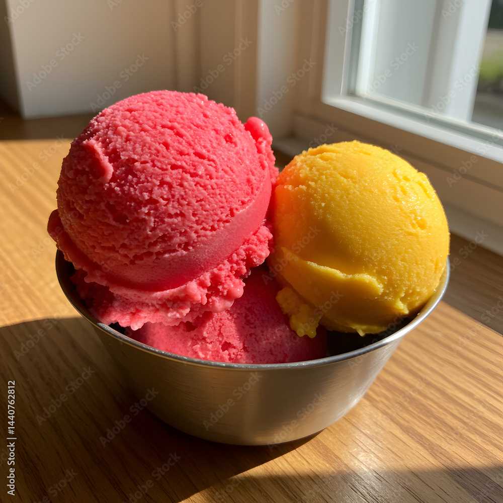 A metal bowl containing two scoops of ice cream, one pink and one yellow, sitting on a wooden table A metal bowl containing two scoops of ice cream, one pink and one yellow, sitting on a wooden table