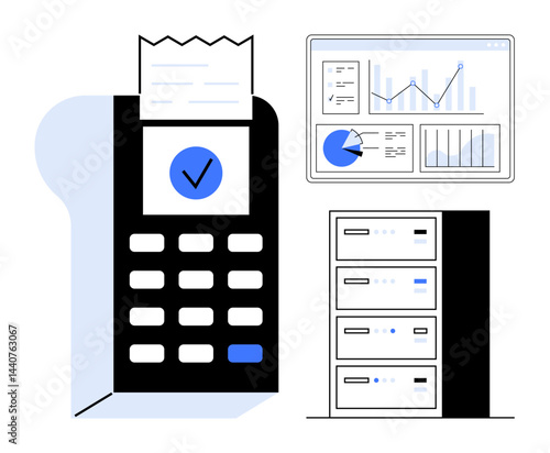 Payment terminal with receipt, analytics dashboard with graphs and charts, server stack infrastructure. Ideal for fintech, data analysis, digital security, payments, technology, IT management simple