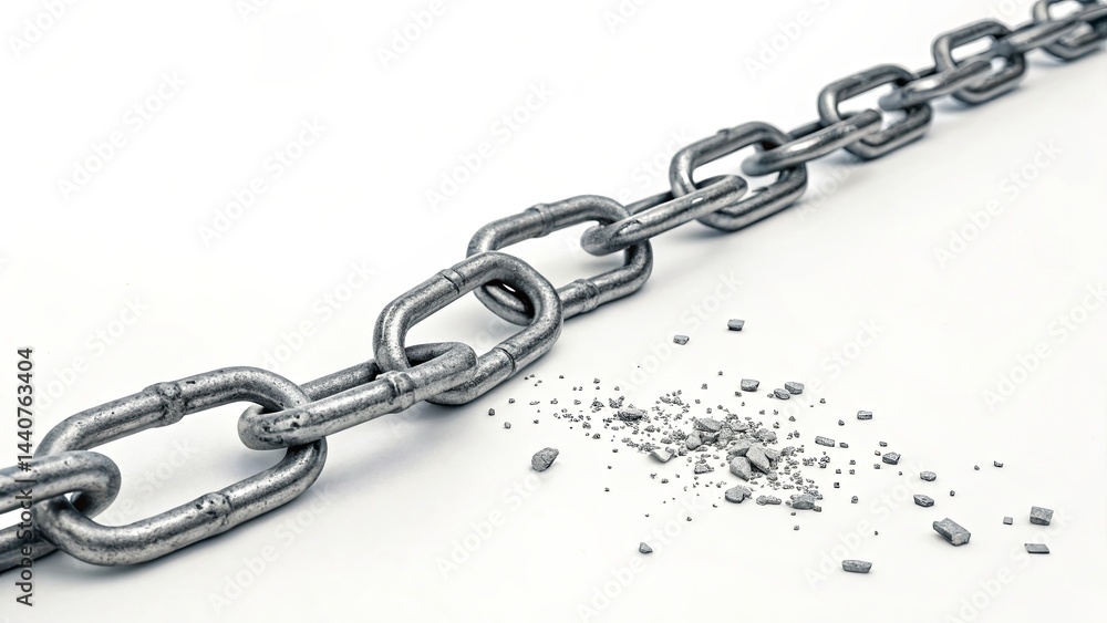 Obraz premium Metal chain breaking apart with shattered fragments on white background symbolizing breaking free from oppression. Concept of liberation and resilience