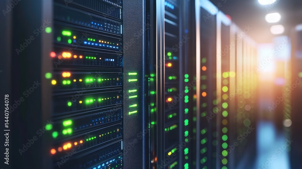 Modern server racks with glowing green, orange, and blue indicator lights in a bright data center, ideal for cloud computing, cybersecurity, digital storage, and network infrastructure visuals Modern server racks with glowing green, orange, and blue indicator lights in a bright data center, ideal for cloud computing, cybersecurity, digital storage, and network infrastructure visuals