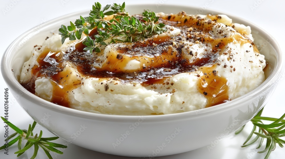 a close-up of a creamy bowl of mashed potatoes with gravy on a white isolated background, savory and comforting design a close-up of a creamy bowl of mashed potatoes with gravy on a white isolated background, savory and comforting design