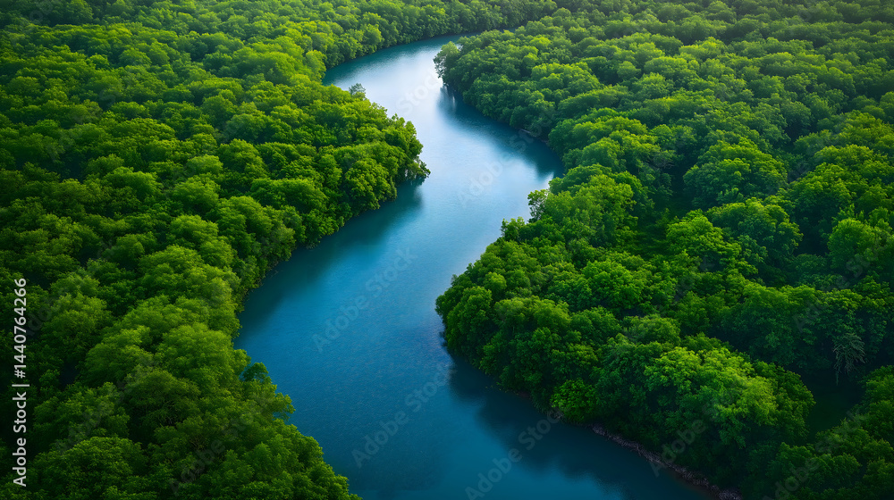 A Serpentine River Through Lush Green Forest A Serpentine River Through Lush Green Forest