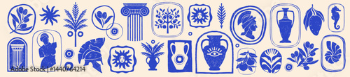 Greek mediterranean ancient print set, vector hand drawn summer vacation retro design object kit. Mythology bohemian silhouette, antique vase and column sign, sculpture emblem. Greek print olive stamp