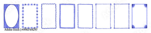 Doodle line scribble frame set, cute minimal wavy border, hand drawn crayon texture decoration kit. Holiday marine aesthetic blue chalk design element, grunge pencil stroke effect. Doodle frame print