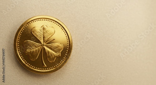 Wallpaper Mural Shiny gold coin featuring a four-leaf clover design, symbolizing luck and prosperity against a soft textured background Torontodigital.ca