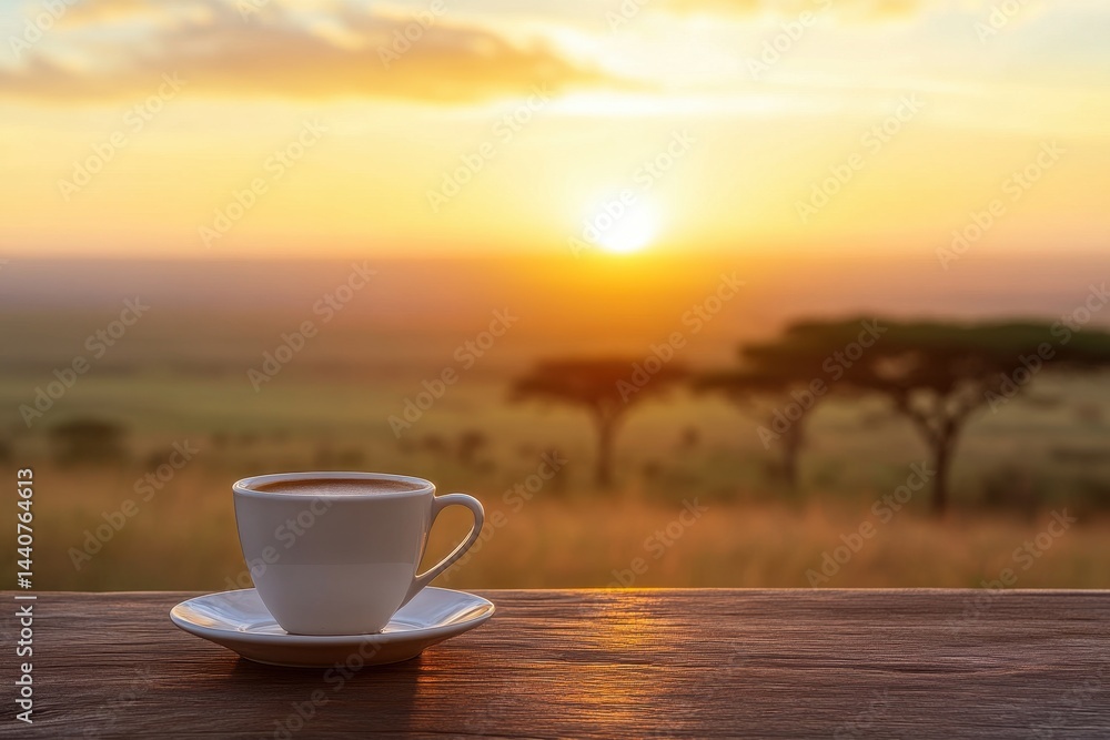 Enjoying coffee with a breathtaking view of the African savannah at sunrise, Coffee cup on a table with a view of the African savannah during sunrise Nature and travel concept Enjoying coffee with a breathtaking view of the African savannah at sunrise, Coffee cup on a table with a view of the African savannah during sunrise Nature and travel concept