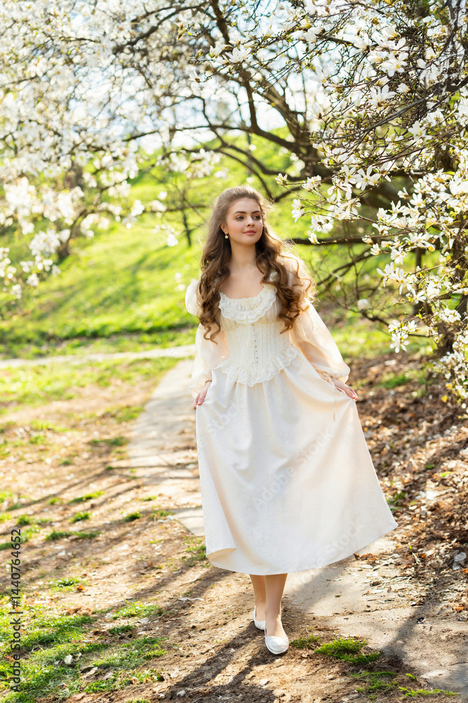 Young blonde curly woman walking in a blooming magnolia garden. Springtime, natural beauty, soft sunlight, romantic and peaceful atmosphere. Fine art style portrait in nature. Young blonde curly woman walking in a blooming magnolia garden. Springtime, natural beauty, soft sunlight, romantic and peaceful atmosphere. Fine art style portrait in nature.
