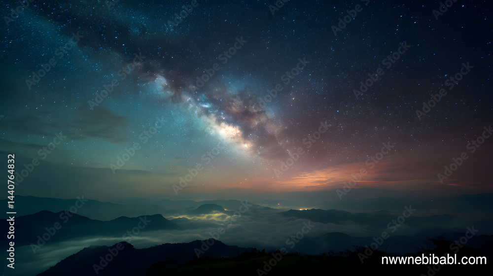 Fototapeta premium Night Sky Spectacle: Witness a breathtaking panorama of the Milky Way galaxy arcing gracefully across the inky expanse, its celestial glow illuminating the tranquil mountain range below.