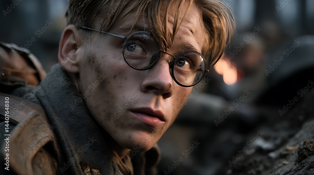Fototapeta premium Young soldier, war-torn, anxious gaze