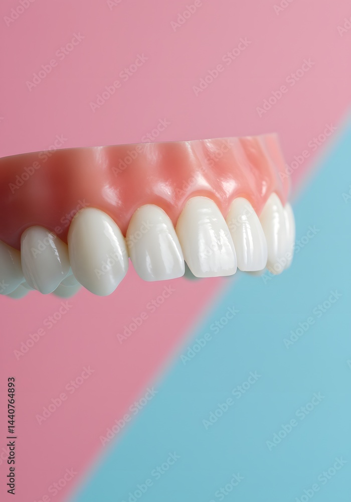 Obraz premium Denture Model on Pink and Blue Background Dental Health, Teeth, and Gum Anatomy Visual.