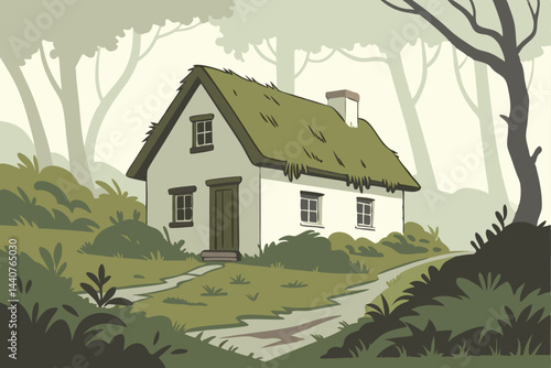 32 Fairytale cottage, moss-covered roof, white walls, green landscape, foggy atmosphere, mystical, enchanted, isolated, lush vegetation, fairy house, storybook setting, magical dwelling, ethereal, dre