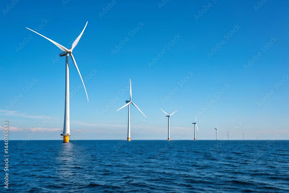 Wind Turbines Array Standing in Blue Sea Under a Clear Blue Sky, Renewable Energy Wind Turbines Array Standing in Blue Sea Under a Clear Blue Sky, Renewable Energy
