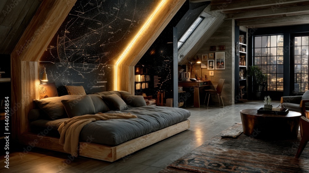 Cozy attic bedroom design showcasing a bed with constellation wallpaper Cozy attic bedroom design showcasing a bed with constellation wallpaper