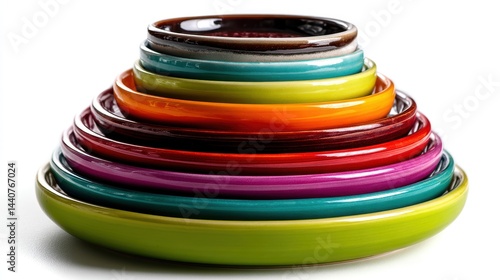a set of colorful ceramic plates stacked neatly on a white isolated background, bright and artistic design