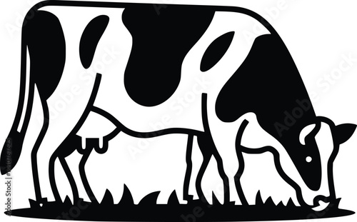 Bold Black And White Cow Grazing. Vector Illustration Isolated On White