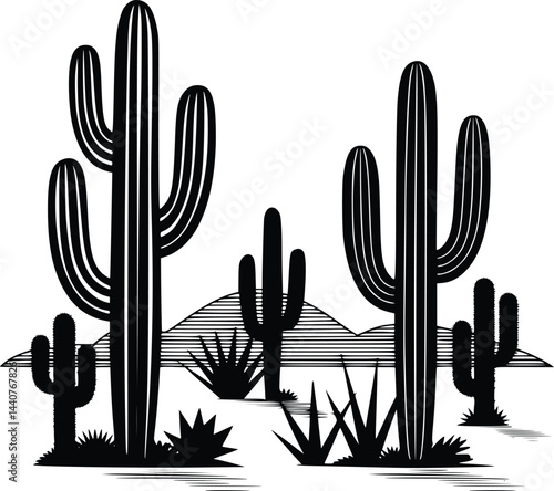 Bold Black And White Desert Cactus Landscape. Vector Illustration Isolated On White