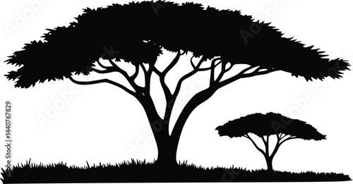 Bold Black And White Savannah With Acacia Tree. Vector Illustration Isolated On White