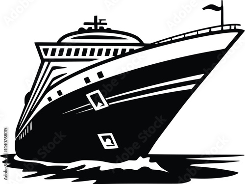 Bold Black And White Cruise Ship At Sea. Vector Illustration Isolated On White