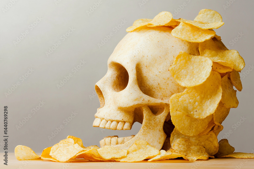 Creative skull made of potato chips sits on a wooden table Generative AI