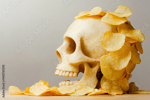Obraz na płótnie Creative skull made of potato chips sits on a wooden table Generative AI w salonie