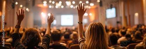 Audience raising hands in a large hall, potentially during a presentation or Q&A session
