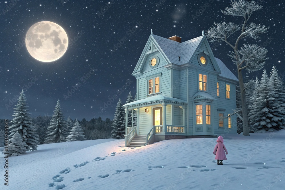 Fototapeta premium Snowy Winter Night with Full Moon and Child Looking at a Cozy House