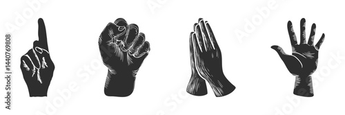 Hand Gestures Silhouette Set. Communication And Expression Through Hand Signs Isolated Vector Illustration Collection