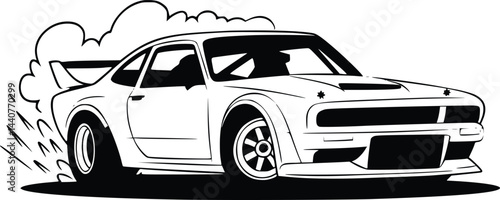 Bold Black And White Race Car Drifting. Vector Illustration Isolated On White