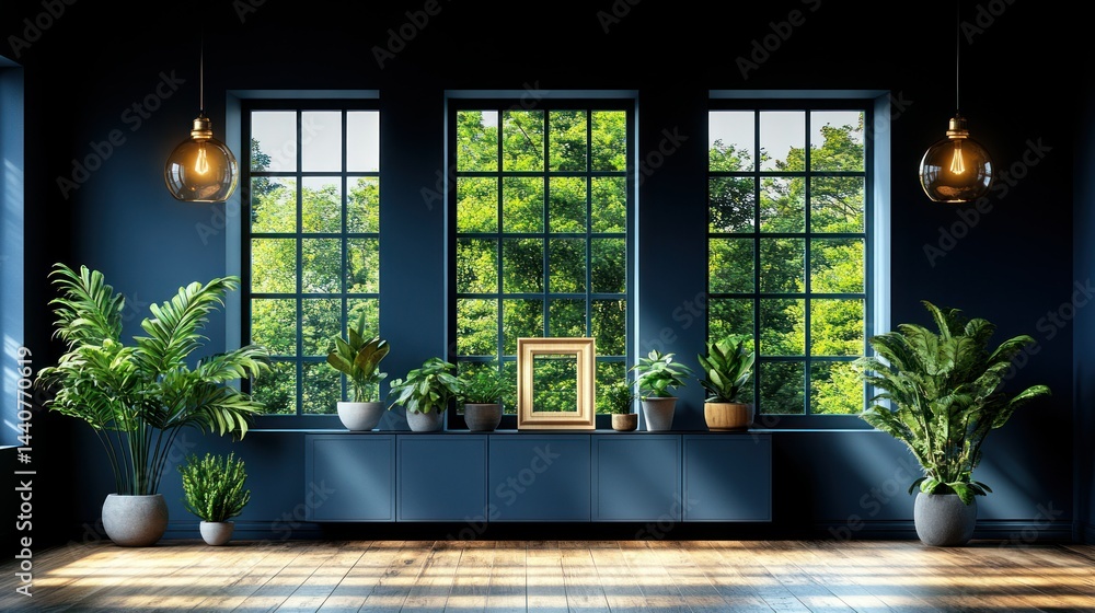 Fototapeta premium Modern dark blue living room with large windows and lush greenery