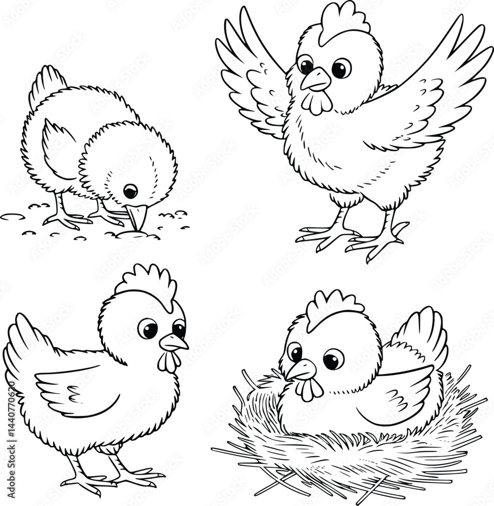 Fototapeta premium Bold black and white hand-drawn illustrations of 4 chickens doodling pecking at the ground, flapping wings, waddling in the yard, and nesting in hay, isolated on white.