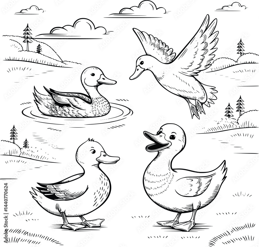 Fototapeta premium Bold black and white hand-drawn illustrations of 4 ducks doodling swimming in ponds, waddling on land, flying in the sky, and quacking happily, isolated on white.