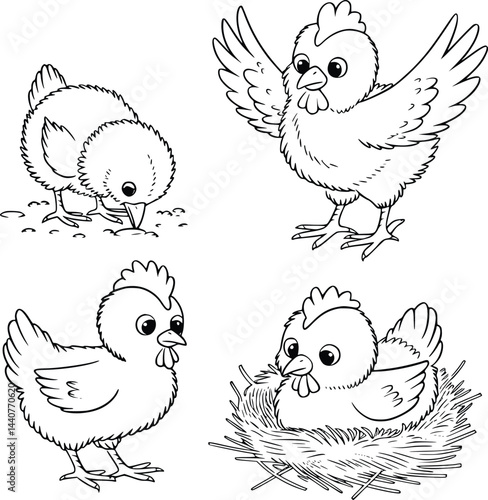 Bold black and white hand-drawn illustrations of 4 chickens doodling pecking at the ground, flapping wings, waddling in the yard, and nesting in hay, isolated on white.