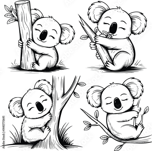 Photography Bold black and white hand-drawn illustrations of 4 koalas doodling hugging eucalyptus trees, eating leaves, sleeping in trees, and climbing branches, isolated on white