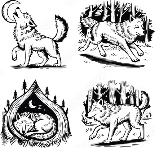 Bold black and white hand-drawn illustrations of 4 wolves doodling howling at the moon, running in packs, sleeping in dens, and chasing through forests, isolated on white.