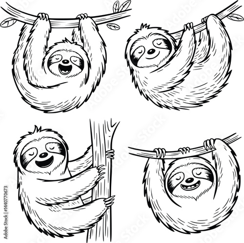 Bold black and white hand-drawn illustrations of 4 sloths doodling hanging from trees, yawning slowly, climbing lazily, and eating leaves, isolated on white.