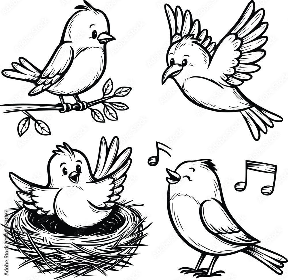 Obraz premium Bold black and white hand-drawn illustrations of 4 funny birds doodling sitting on branches, flying through the air, building nests, and singing songs, isolated on white.