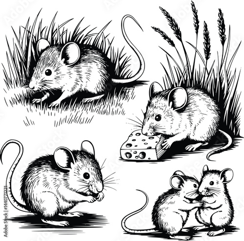 Bold black and white hand-drawn illustrations of 4 adorable mice doodling scurrying through fields, nibbling cheese, and playing with each other, isolated on white.