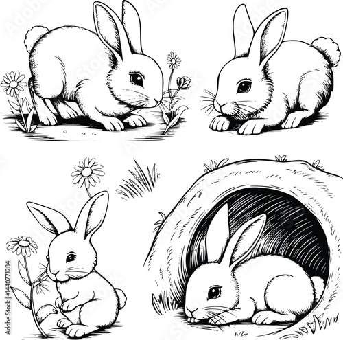 Bold black and white hand-drawn illustrations of 4 playful bunnies doodling hopping through gardens, nibbling on flowers, and resting in burrows, isolated on white.