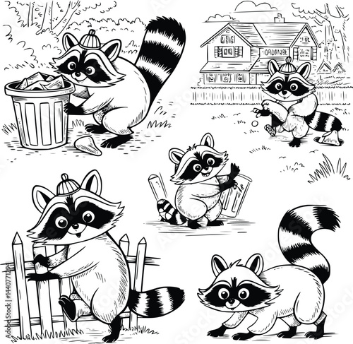 Bold black and white hand-drawn illustrations of 4 mischievous raccoons doodling rummaging through trash, climbing fences, and playing in the backyard, isolated on white.